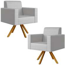 Kit 02 Poltronas Decorativa Base Giratória de Madeira Helô L02 Facto Cinza Metalizado - Lyam Decor