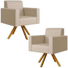 Kit 02 Poltronas Decorativa Base Giratória de Madeira Helô L02 Facto Pérola Metalizado - Lyam Decor