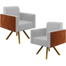 Kit 02 Poltronas Decorativa Base Giratória de Madeira Helô L02 Linho Cinza Couríssimo Camel - Lyam Decor