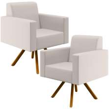 Kit 02 Poltronas Decorativa Base Giratória de Madeira Helô L02 Linho Cru - Lyam Decor