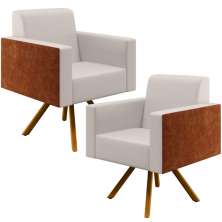 Kit 02 Poltronas Decorativa Base Giratória de Madeira Helô L02 Linho Cru Couríssimo Camel - Lyam Decor