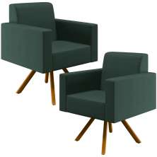 Kit 02 Poltronas Decorativa Base Giratória de Madeira Helô L02 Linho Verde Musgo - Lyam Decor