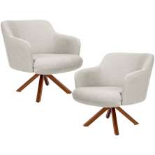 Kit 02 Poltronas Decorativa Base Giratória de Madeira Jade D02 Linho Bege C-107 - Lyam Decor