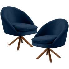 Kit 02 Poltronas Decorativa Base Giratória de Madeira Rafa D02 Veludo Azul Oxford B-304 - Lyam Decor