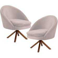 Kit 02 Poltronas Decorativa Base Giratória de Madeira Rafa D02 Veludo Bege C-309 - Lyam Decor