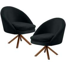 Kit 02 Poltronas Decorativa Base Giratória de Madeira Rafa D02 Veludo Preto B-300 - Lyam Decor