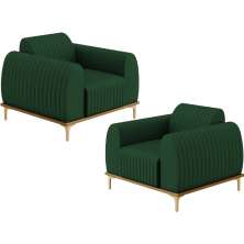 Kit 02 Poltronas Decorativa Base Madeira Pés D'Ouro Molino D02 Veludo Verde Musgo C-303 - Lyam Decor