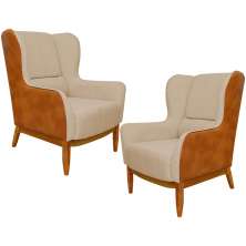 Kit 02 Poltronas Decorativa Base de Madeira Milena D02 Linho Bege C-129 Corano Marrom - Lyam Decor