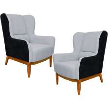 Kit 02 Poltronas Decorativa Base de Madeira Milena D02 Linho Cinza C-315 Corano Preto - Lyam Decor