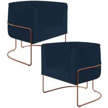 Kit 02 Poltronas Decorativa Fixa Base de Aço Cobre Betina D02 Veludo Azul Oxford C-304 - Lyam Decor