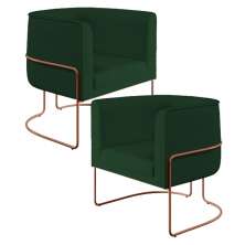 Kit 02 Poltronas Decorativa Fixa Base de Aço Cobre Betina D02 Veludo Verde Musgo C-303 - Lyam Decor