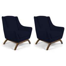 Kit 02 Poltronas Decorativa Fixa Base de Madeira Juliet D02 Veludo Azul Marinho C-287 - Lyam Decor