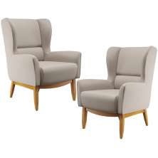 Kit 02 Poltronas Decorativa Fixa Base de Madeira Milena D02 Linho Bege C-107 - Lyam Decor
