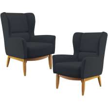 Kit 02 Poltronas Decorativa Fixa Base de Madeira Milena D02 Linho Chumbo D-465 - Lyam Decor
