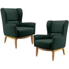 Kit 02 Poltronas Decorativa Fixa Base de Madeira Milena D02 Linho Verde C-117 - Lyam Decor