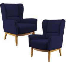 Kit 02 Poltronas Decorativa Fixa Base de Madeira Milena D02 Veludo Azul Marinho C-304 - Lyam Decor
