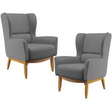 Kit 02 Poltronas Decorativa Fixa Base de Madeira Milena D02 Veludo Cinza C-317 - Lyam Decor
