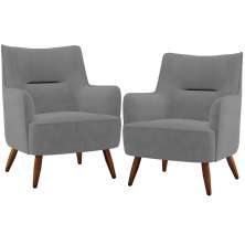 Kit 02 Poltronas Decorativa Fixa Pés de Madeira Isabella D02 Veludo Cinza C-317 - Lyam Decor