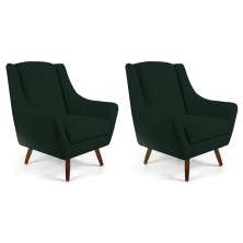 Kit 02 Poltronas Decorativa Fixa Pés de Madeira Juliet D02 Linho Verde C-117 - Lyam Decor