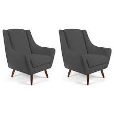 Kit 02 Poltronas Decorativa Fixa Pés de Madeira Juliet D02 Veludo Cinza C-317 - Lyam Decor