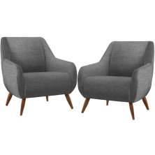 Kit 02 Poltronas Decorativa Fixa Pés de Madeira Paloma D02 Linho Cinza Escuro C-416 - Lyam Decor