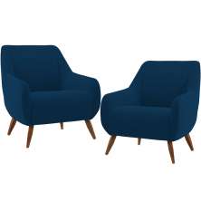 Kit 02 Poltronas Decorativa Fixa Pés de Madeira Paloma D02 Veludo Azul Marinho C-304 - Lyam Decor