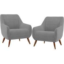 Kit 02 Poltronas Decorativa Fixa Pés de Madeira Paloma D02 Veludo Cinza C-317 - Lyam Decor