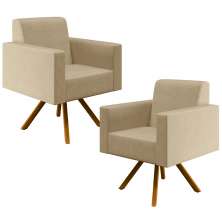 Kit 02 Poltronas Decorativa Giratória Base de Madeira Helô L02 Linho Bege Escuro - Lyam Decor