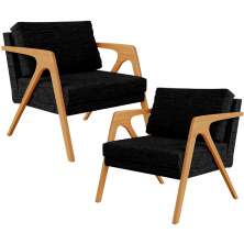 Kit 02 Poltronas Decorativa Para Sala Estar Pietra Estrutura De Madeira L02 Linho Chumbo - Lyam Decor