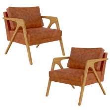 Kit 02 Poltronas Decorativa Para Sala Pietra Estrutura De Madeira L02 Couríssimo Camel - Lyam Decor