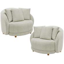Kit 02 Poltronas Decorativa Sala De Estar Base Fixa De Madeira Witta M03 Bouclê Bege Claro - Lyam Decor