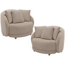 Kit 02 Poltronas Decorativa Sala De Estar Base Fixa De Madeira Witta M03 Linho Cru - Lyam Decor