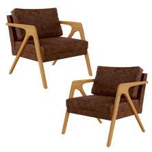 Kit 02 Poltronas Decorativa Sala Estar Pietra Estrutura Madeira L02 Couríssimo Marrom - Lyam Decor