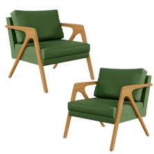 Kit 02 Poltronas Decorativa Sala Pietra Com Estrutura Madeira L02 Facto Verde Musgo - Lyam Decor