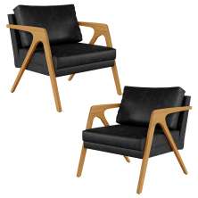 Kit 02 Poltronas Decorativa Sala Pietra Estrutura Madeira L02 Couríssimo Preto Brilho - Lyam Decor