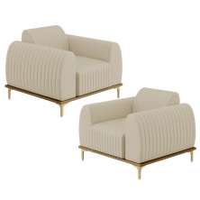 Kit 02 Poltronas Decorativas Base De Madeira Com Pés D'Ouro Molino D02 Corano Bege C-26 - Lyam Decor