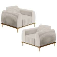 Kit 02 Poltronas Decorativas Base De Madeira Com Pés D'Ouro Molino D02 Linho Cru C-443 - Lyam Decor