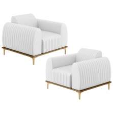 Kit 02 Poltronas Decorativas Base De Madeira e Pés D'Ouro Molino D02 Corano Branco C-12 - Lyam Decor