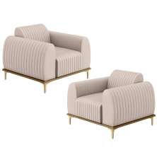 Kit 02 Poltronas Decorativas Base De Madeira e Pés D'Ouro Molino D02 Veludo Bege C-309 - Lyam Decor