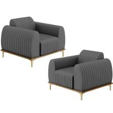 Kit 02 Poltronas Decorativas Base De Madeira e Pés D'Ouro Molino D02 Veludo Cinza C-317 - Lyam Decor