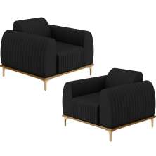 Kit 02 Poltronas Decorativas Base De Madeira e Pés D'Ouro Molino D02 Veludo Preto C-300 - Lyam Decor