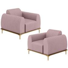 Kit 02 Poltronas Decorativas Base De Madeira e Pés D'Ouro Molino D02 Veludo Rosê C-305 - Lyam Decor