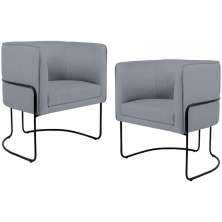 Kit 02 Poltronas Decorativas Fixa Base de Aço Preto Betina D02 Linho Cinza C-416 - Lyam Decor
