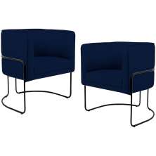 Kit 02 Poltronas Decorativas Fixa Base de Aço Preto Betina D02 Veludo Azul Oxford C-304 - Lyam Decor