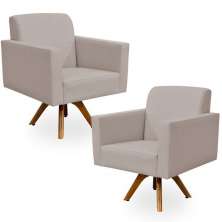 Kit 02 Poltronas Decorativas Giratória Madeira Sala Estar Helô L02 Linho Bege - Lyam Decor