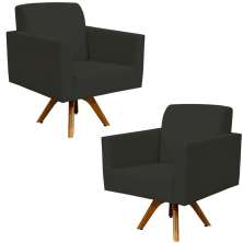 Kit 02 Poltronas Decorativas Giratória Para Sala de Estar Base de Madeira Helô L02 Suede Preto - Lyam Decor