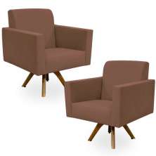 Kit 02 Poltronas Decorativas Giratória Para Sala de Estar Base de Madeira Helô L02 Suede Rosê - Lyam Decor