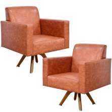 Kit 02 Poltronas Decorativas Giratória Sala Base de Madeira Helô L02 Couríssimo Camel - Lyam Decor
