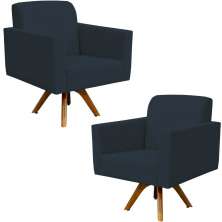 Kit 02 Poltronas Decorativas Giratória Sala de Estar Base de Madeira Helô L02 Suede Azul Marinho - Lyam Decor