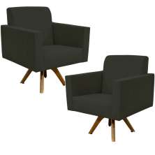 Kit 02 Poltronas Decorativas Giratória Sala de Estar Base de Madeira Helô L02 Suede Cinza - Lyam Decor
